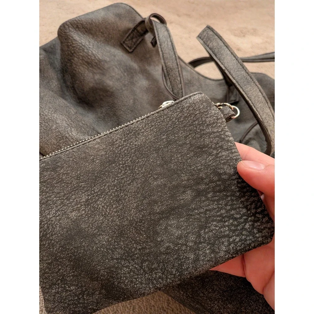 Free People Distressed Charcoal Grey Vegan Leather Tote Bag with Pouch Slouchy
